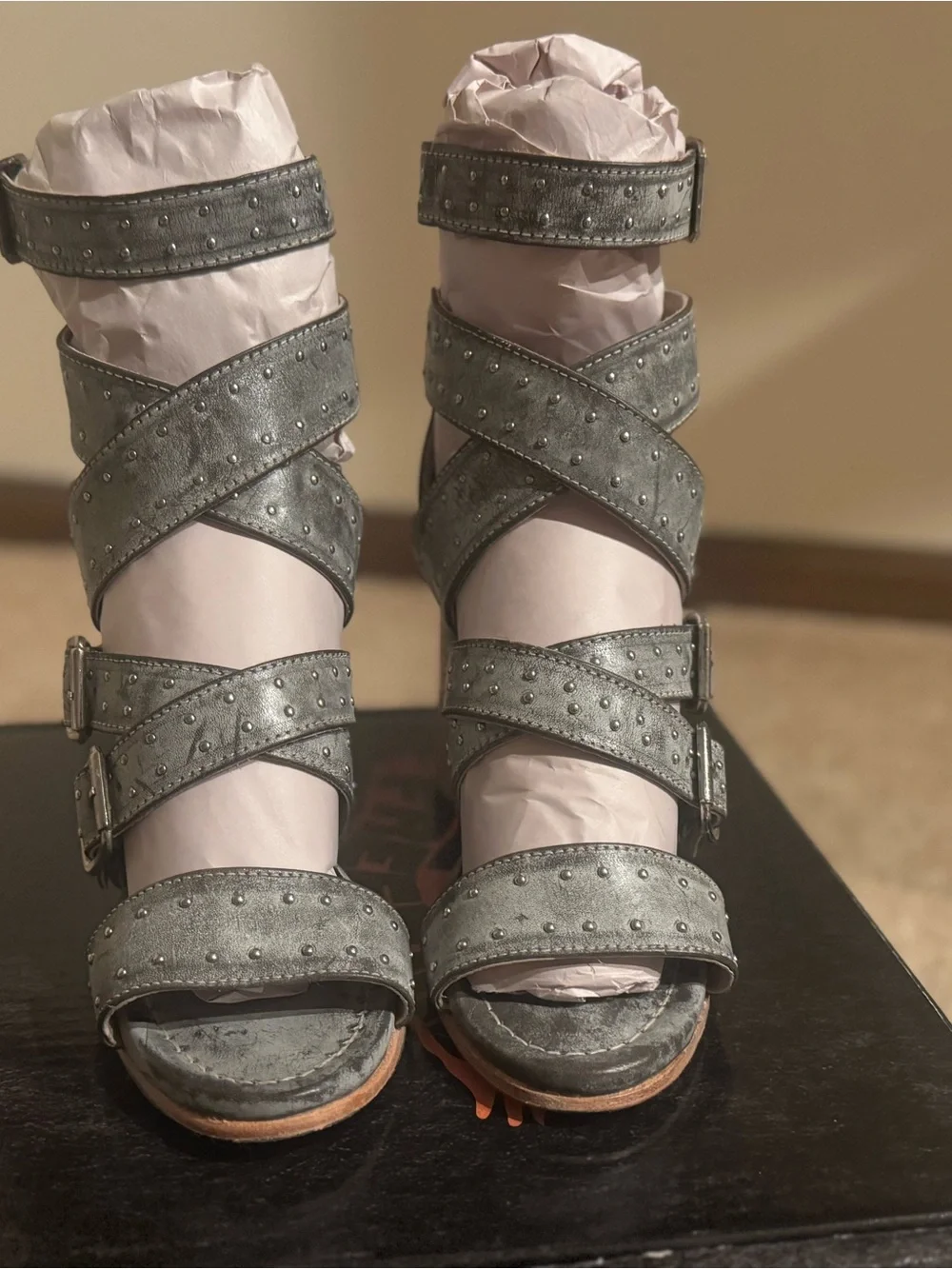 freebird Tanica Ice Strappy Studded Heels in Ice Gray